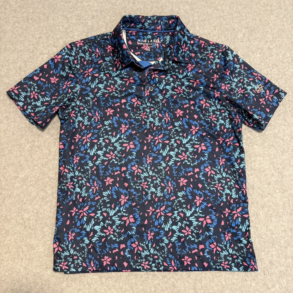 MAELREG Boys Performance Golf Polo‎ Shirt Size 10-12 M Navy Pink Paint Splatter